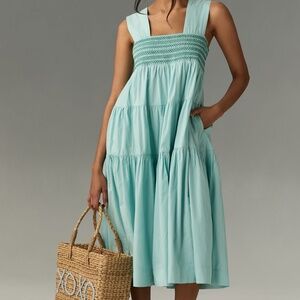 NWT Anthropologie The Helena Turquoise Blue Smocked Tiered Square Midi Dress XS